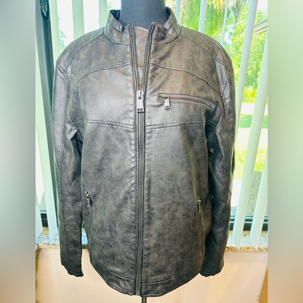 Guess Men's Dark Brown Faux Leather Bomber Moto Jacket Size Large